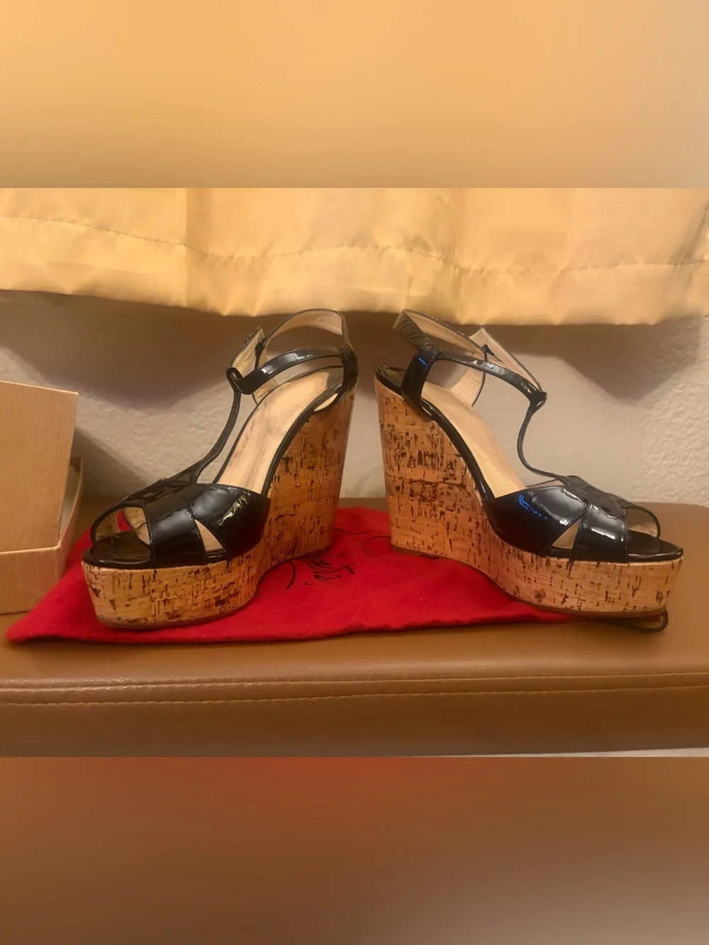 Christian Louboutin Black Patent Cork Platform T-Strap Women’s Wedge Sandals